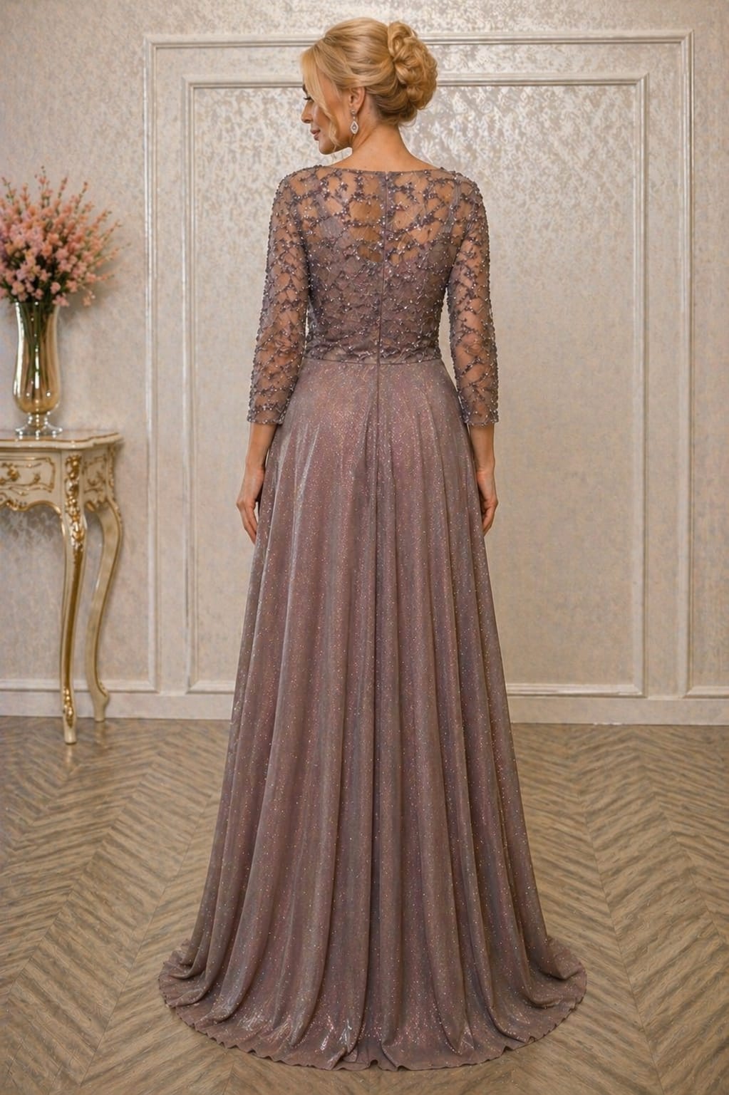 Rochie Bella Lux Eleganta din Voal Sclipitor – Maneci 3/4, Croiala Fluida, Efect de Subtiere