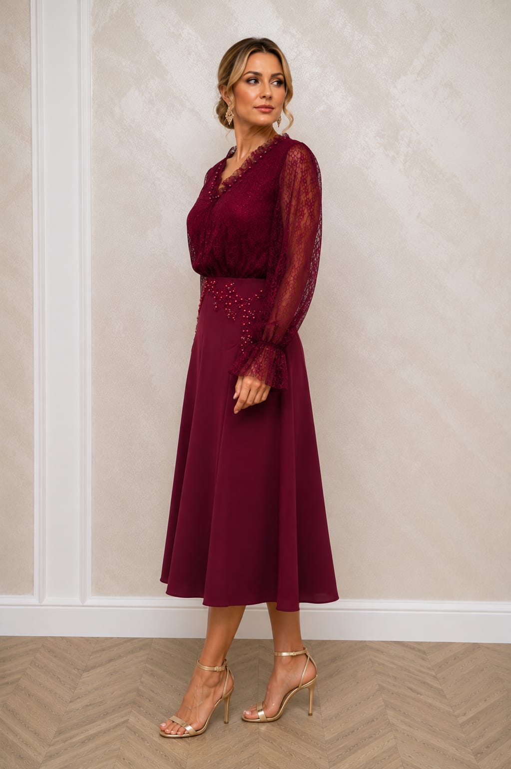 Rochia Vera – rochie midi eleganta cu dantela frantuzeasca Chantilly