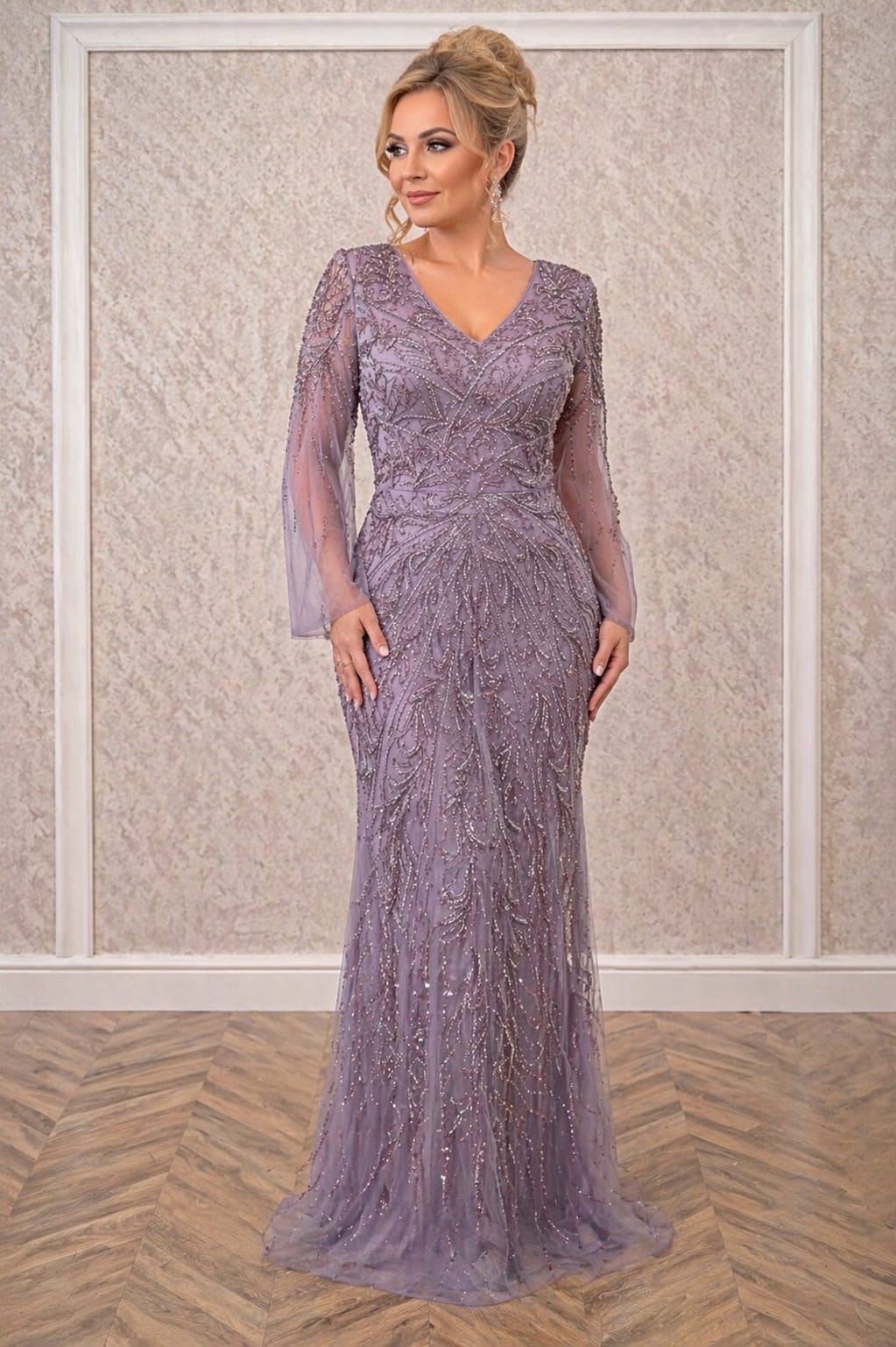 Rochia Belona – Rochie lunga mov pastel cu cristale și perle, ediție limitata