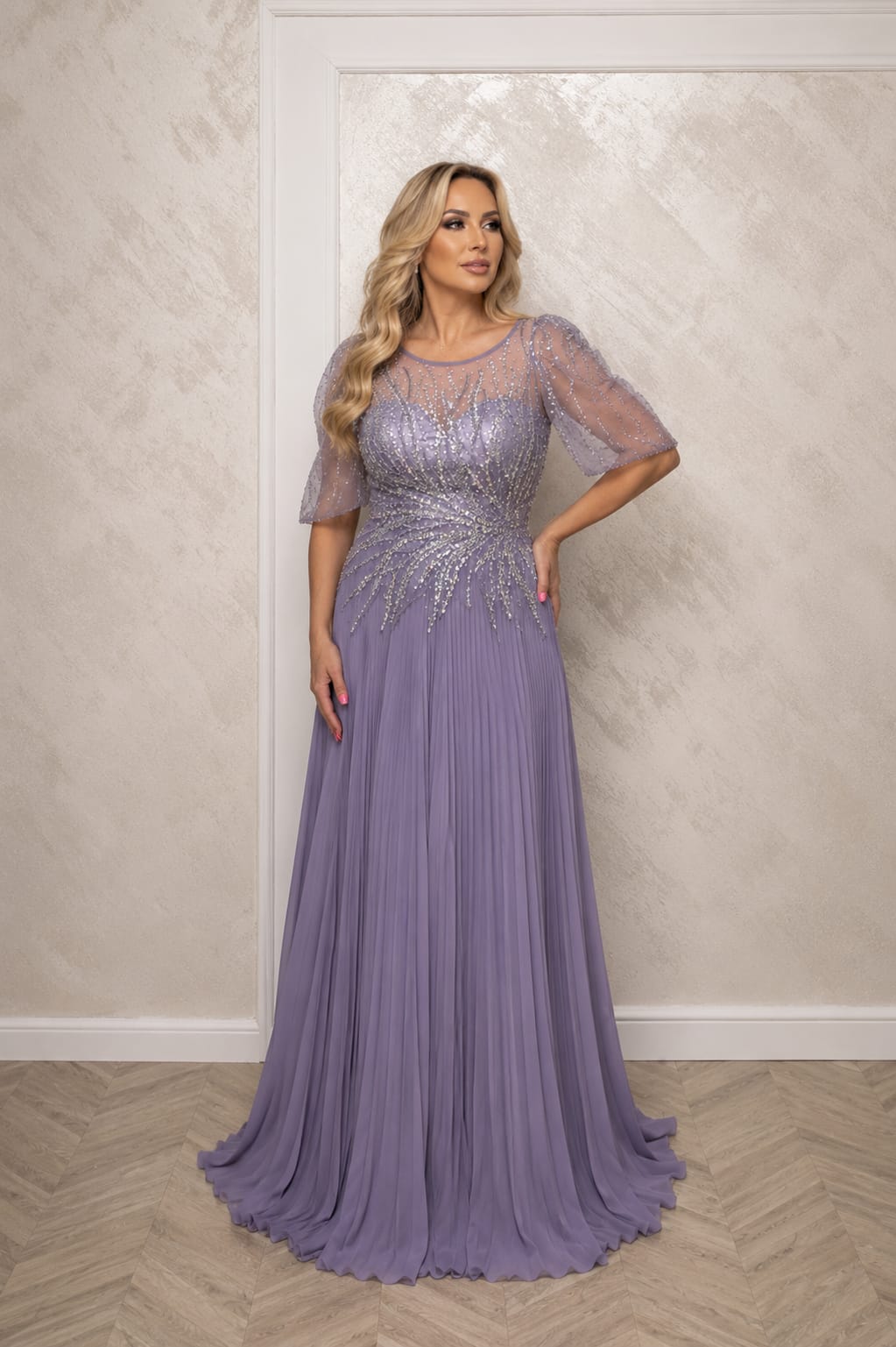 Rochie Purple – Rochie eleganta din voal plisat cu perle si cristale cusute manual model unic