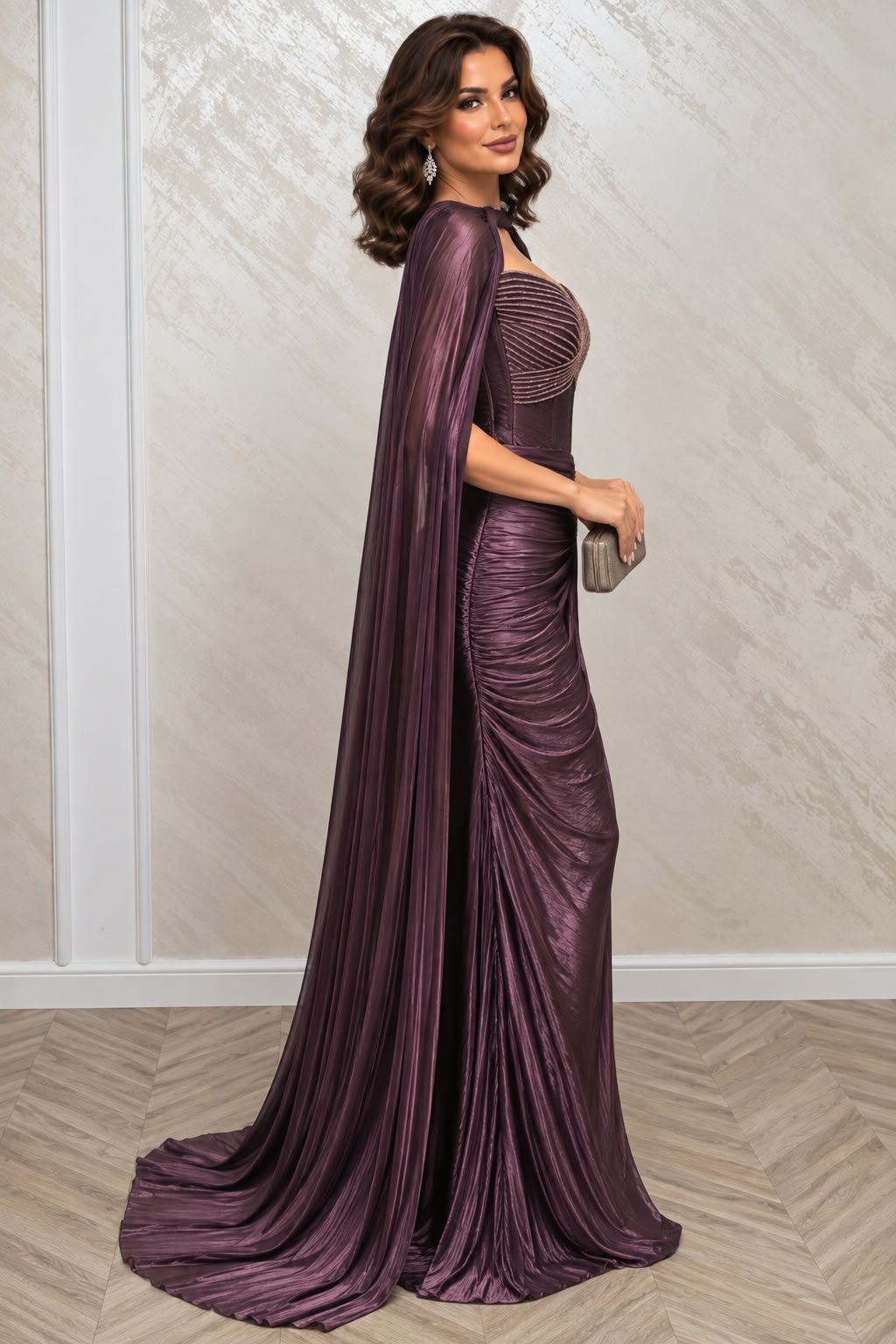 Rochie Londra din matase organica cu corset, capa si trena
