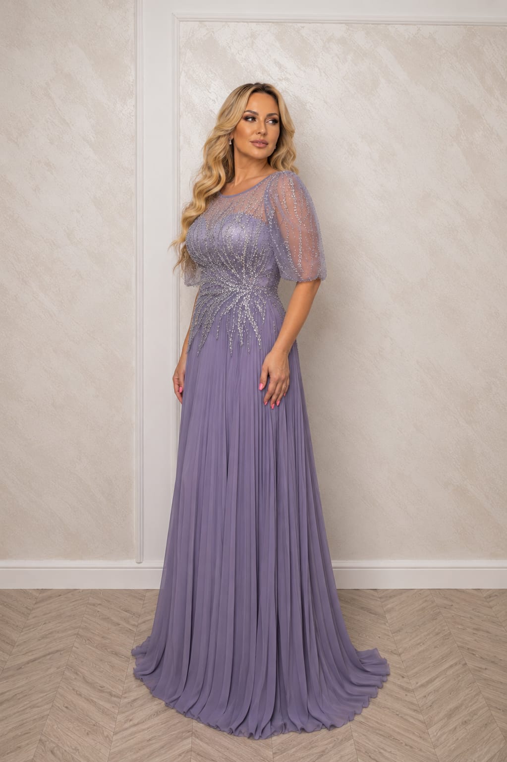 Rochie Purple – Rochie eleganta din voal plisat cu perle si cristale cusute manual model unic