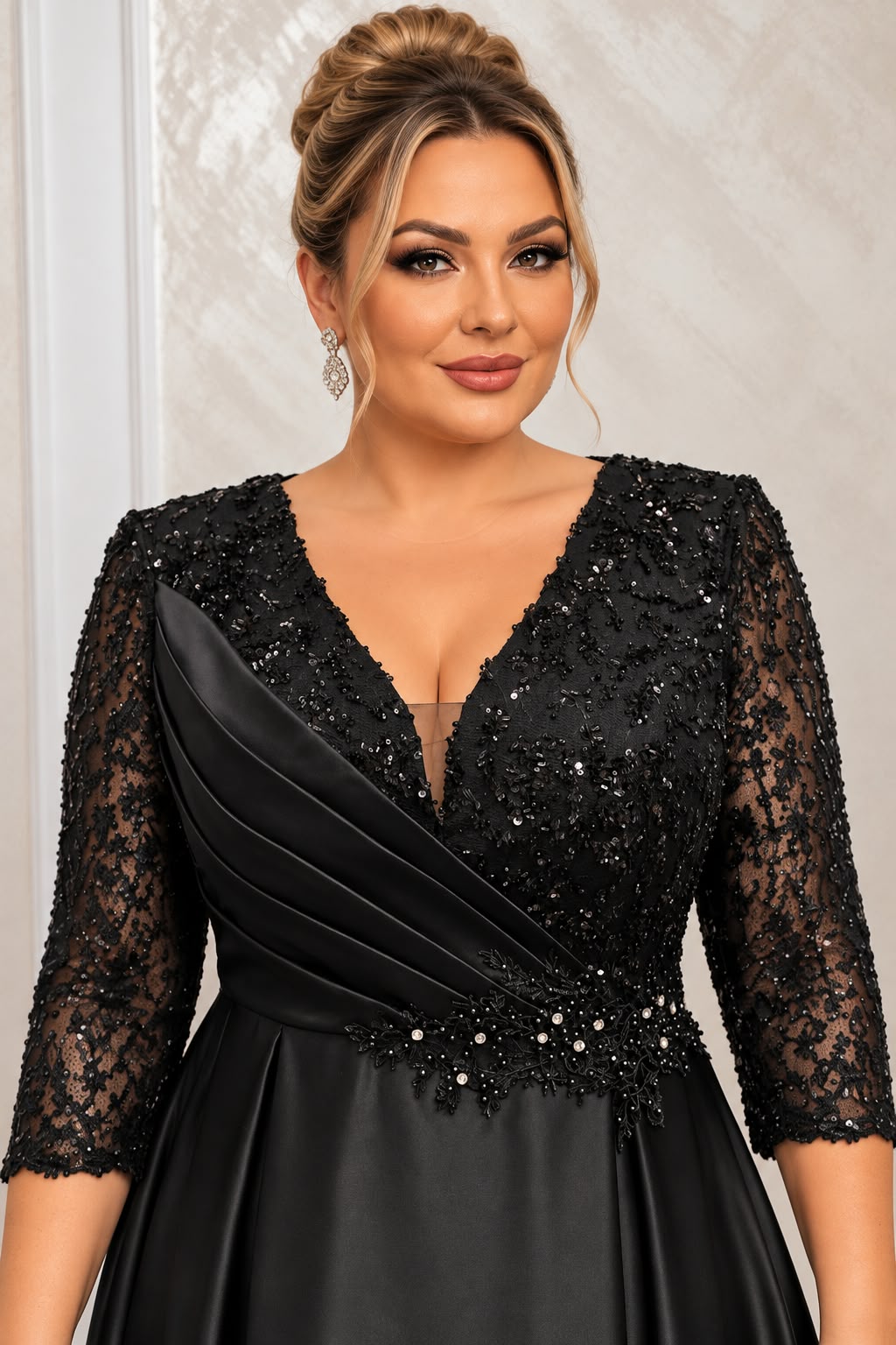 Rochia Lucia – Rochie lunga din satin cu dantela paietata si slit elegant pe picior