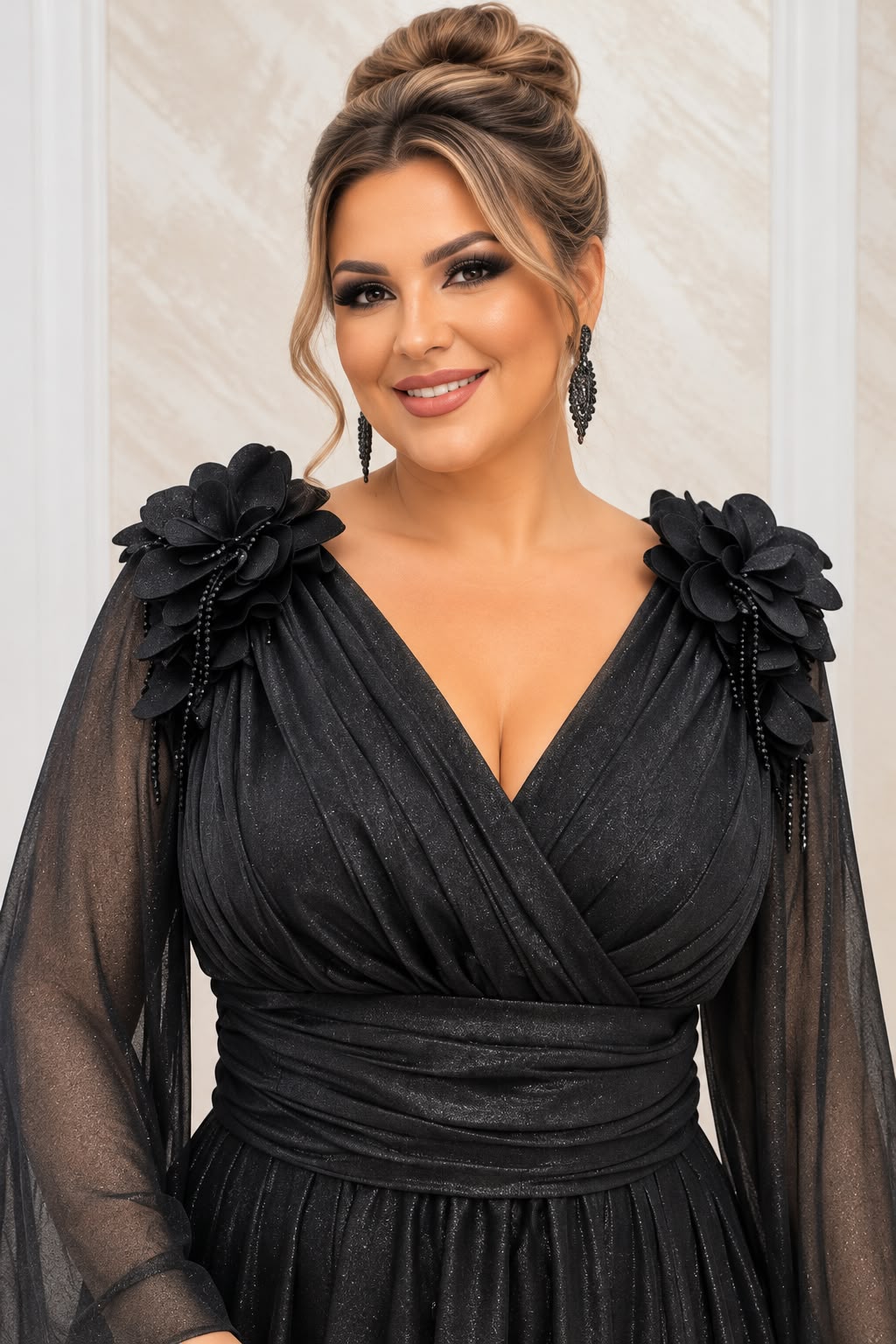 Rochia Amore -Rochie lunga de ocazie din voal cu maneci vaporoase si efect de flatare a siluetei