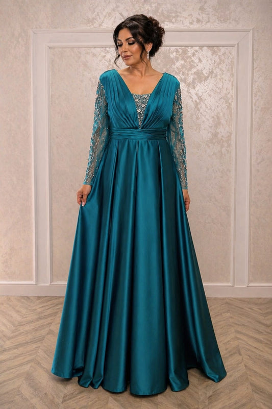 Rochie Madona eleganta din satin – turcoaz sau roz pudrat, maneci transparente cu cristale