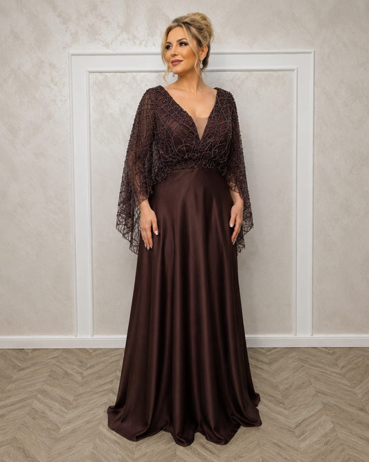 Rochia Luxo - Rochie lunga din satin si maneci fluide din dantela disponibile in mai multe nuante