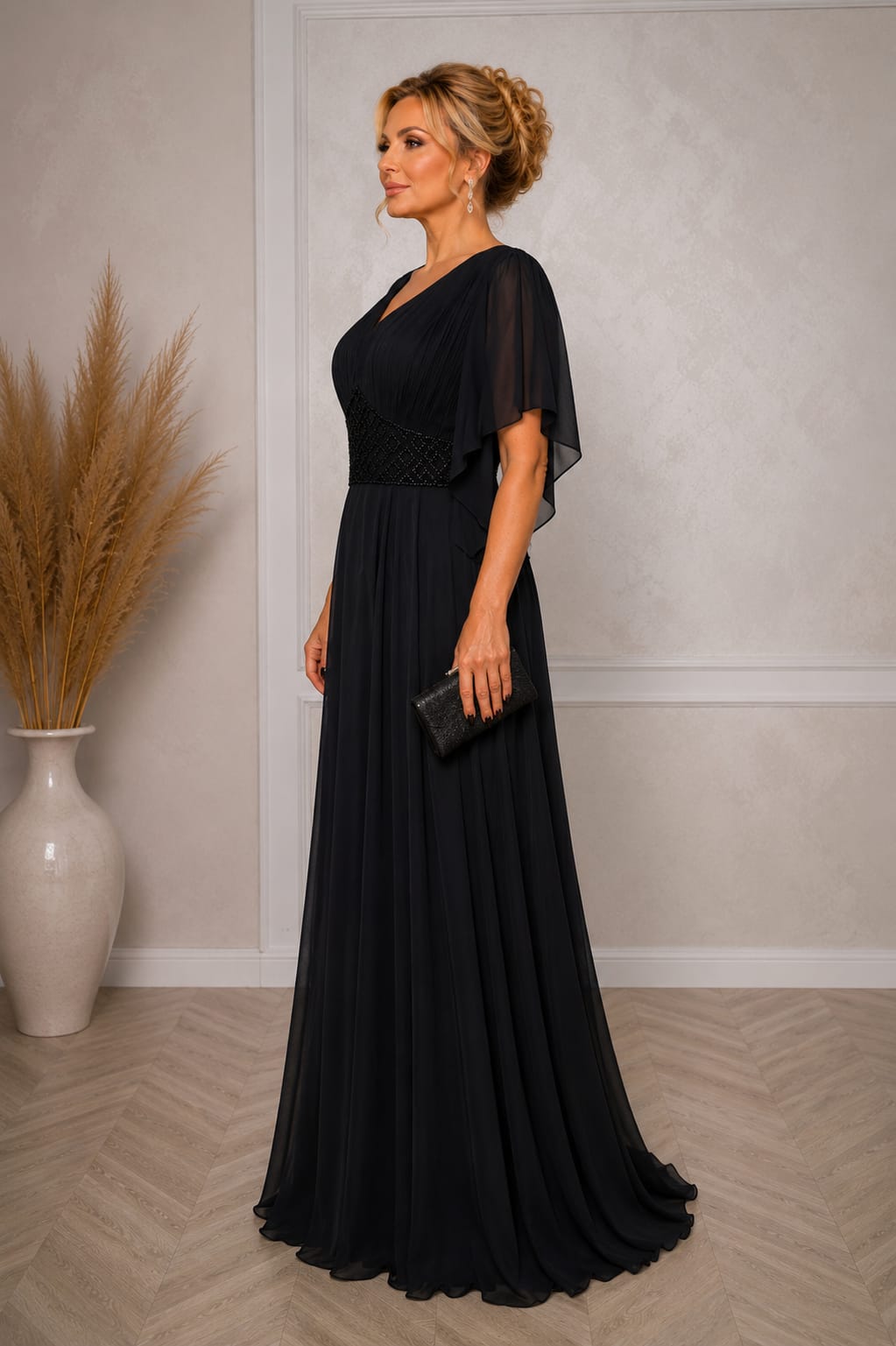 Rochia Melona - lunga din voal fluid cu maneci asimetrice elegante